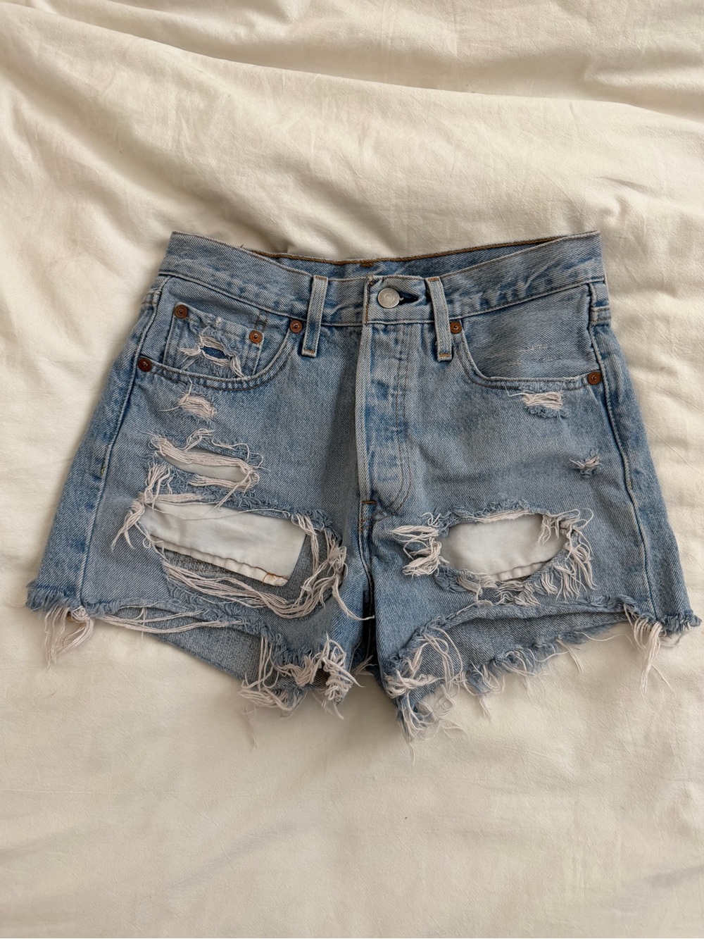 Levi's Light Blue Distressed High-Waist Denim Shorts